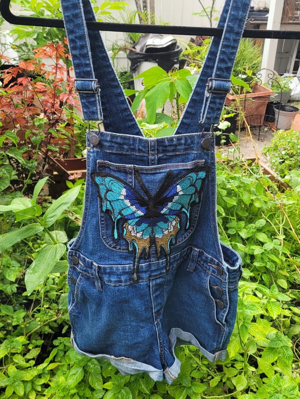 Denim Short Overalls with Teal Butterfly Patch Upcycled